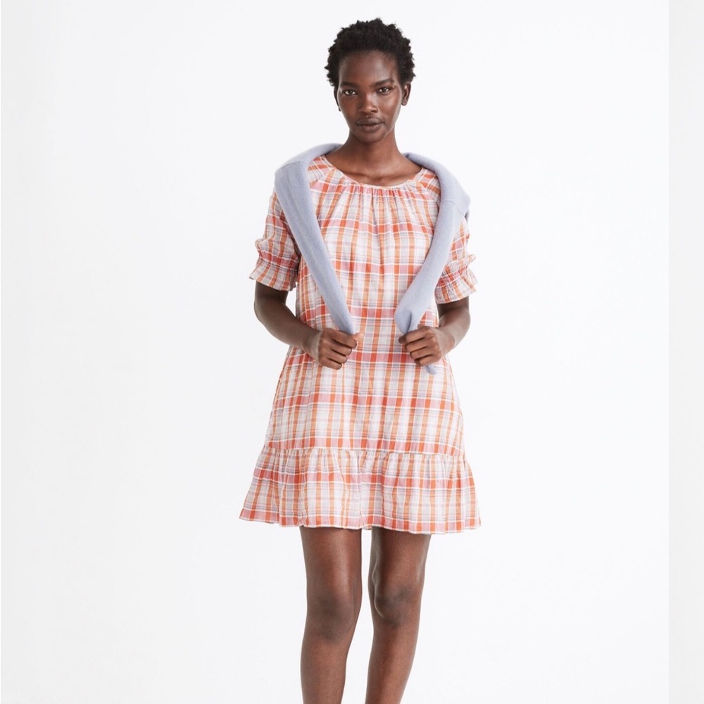Madewell Plaid Ruffle-Sleeve Popover Mini Dress June Hero Plaid Enamel Red Med